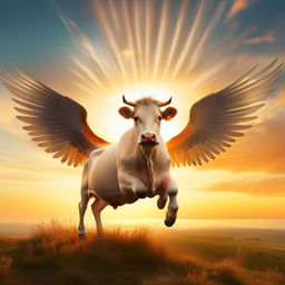 The healthy cow, now bestowed with majestic wings like a Bovine Pegasus, is leaping majestically over a radiant sun against a picturesque clear sky.