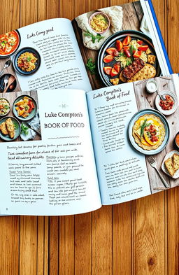 A beautifully laid out cookbook titled 'Luke Compton’s Book of Food', featuring vibrant photographs of delicious and colorful dishes, expertly plated with an artistic touch