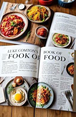A beautifully laid out cookbook titled 'Luke Compton’s Book of Food', featuring vibrant photographs of delicious and colorful dishes, expertly plated with an artistic touch