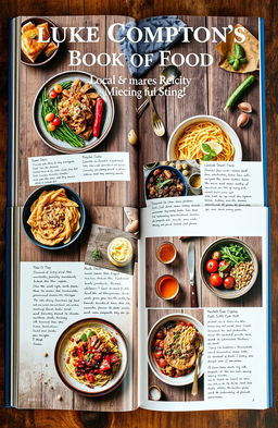 A beautifully laid out cookbook titled 'Luke Compton’s Book of Food', featuring vibrant photographs of delicious and colorful dishes, expertly plated with an artistic touch