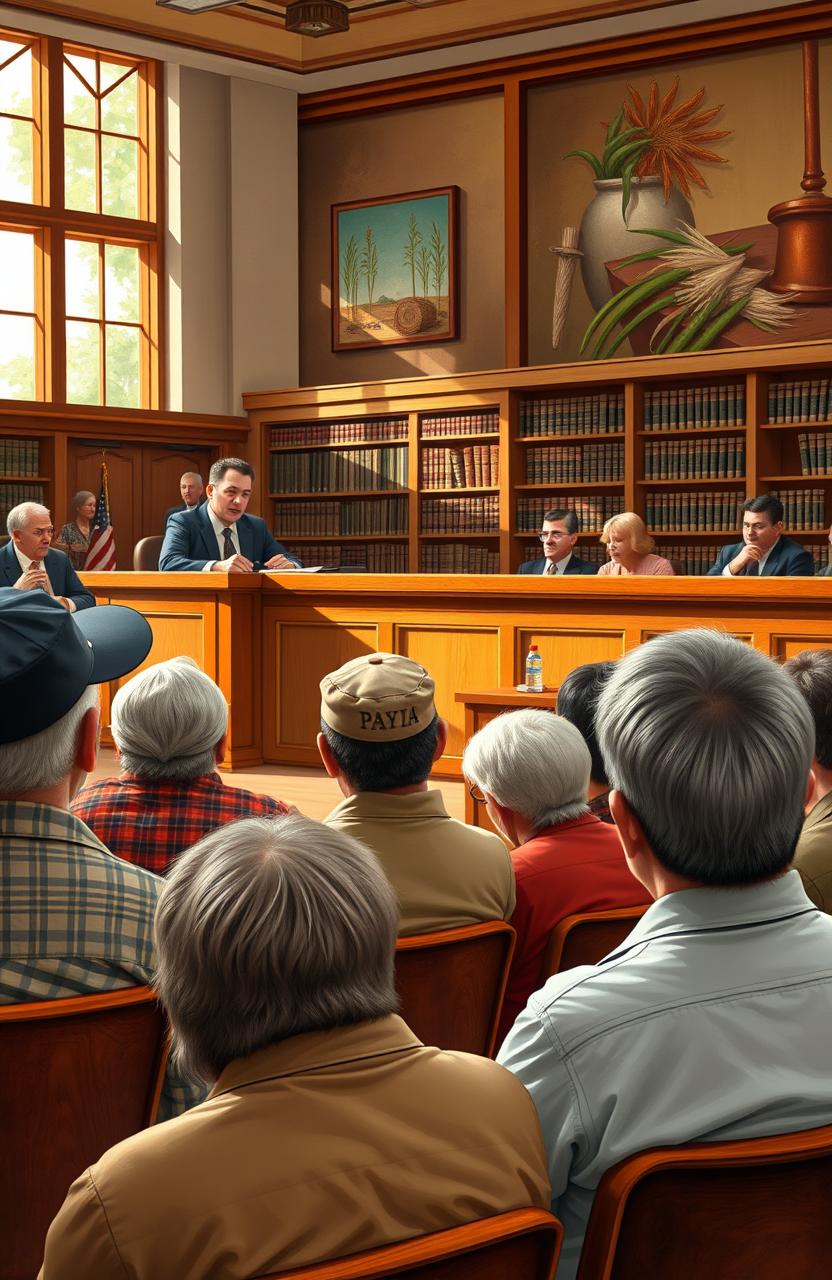 A courtroom scene depicting agricultural law in action, featuring an attentive judge seated behind a wooden bench, surrounded by bookshelves filled with law books