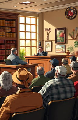 A courtroom scene depicting agricultural law in action, featuring an attentive judge seated behind a wooden bench, surrounded by bookshelves filled with law books