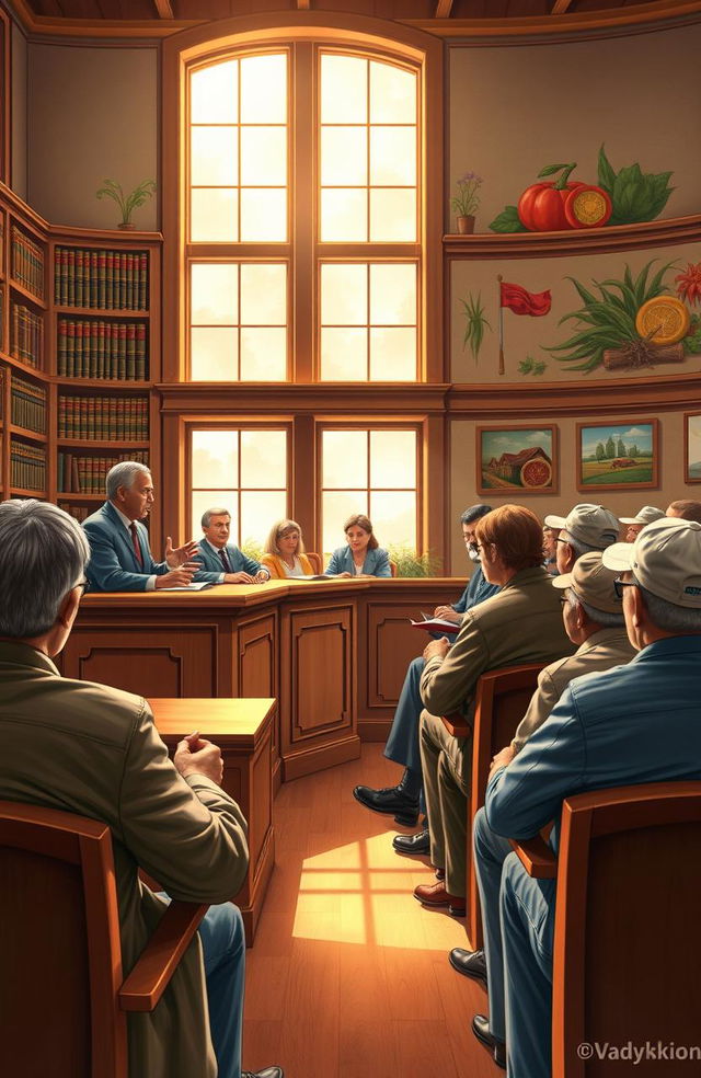 A courtroom scene depicting agricultural law in action, featuring an attentive judge seated behind a wooden bench, surrounded by bookshelves filled with law books