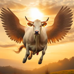 The healthy cow, now bestowed with majestic wings like a Bovine Pegasus, is leaping majestically over a radiant sun against a picturesque clear sky.