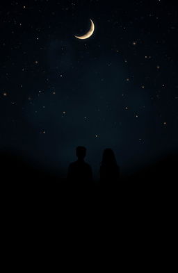 A beautifully melancholic scene depicting a silhouette of a couple holding hands, standing under a starry night sky with a black background that enhances the emotional depth