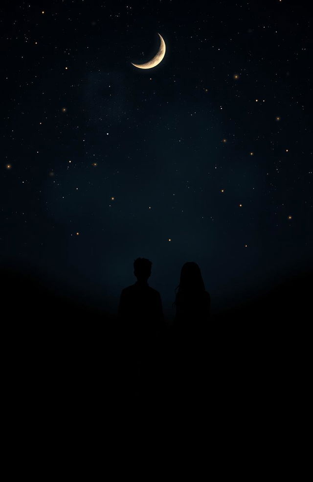 A beautifully melancholic scene depicting a silhouette of a couple holding hands, standing under a starry night sky with a black background that enhances the emotional depth