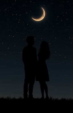A beautifully melancholic scene depicting a silhouette of a couple holding hands, standing under a starry night sky with a black background that enhances the emotional depth