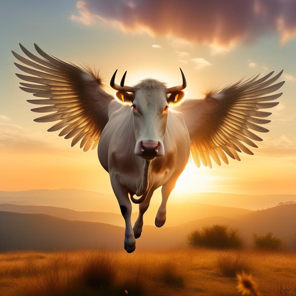 The healthy cow, now bestowed with majestic wings like a Bovine Pegasus, is leaping majestically over a radiant sun against a picturesque clear sky.