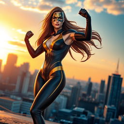 A dynamic and powerful superheroine in a dramatic pose, wearing a sleek, form-fitting costume that accentuates her athletic physique