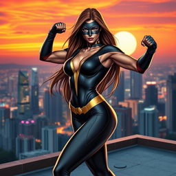 A dynamic and powerful superheroine in a dramatic pose, wearing a sleek, form-fitting costume that accentuates her athletic physique