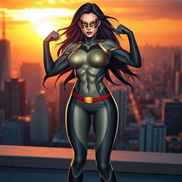 A dynamic and powerful superheroine in a dramatic pose, wearing a sleek, form-fitting costume that accentuates her athletic physique