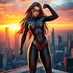 A dynamic and powerful superheroine in a dramatic pose, wearing a sleek, form-fitting costume that accentuates her athletic physique