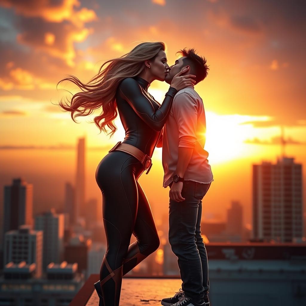 A romantic scene featuring a powerful superheroine sharing a tender kiss with her partner