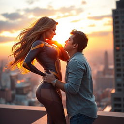 A romantic scene featuring a powerful superheroine sharing a tender kiss with her partner