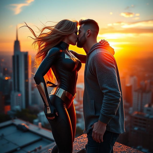 A romantic scene featuring a powerful superheroine sharing a tender kiss with her partner