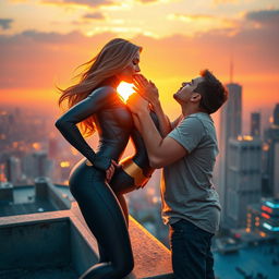 A romantic scene featuring a powerful superheroine sharing a tender kiss with her partner
