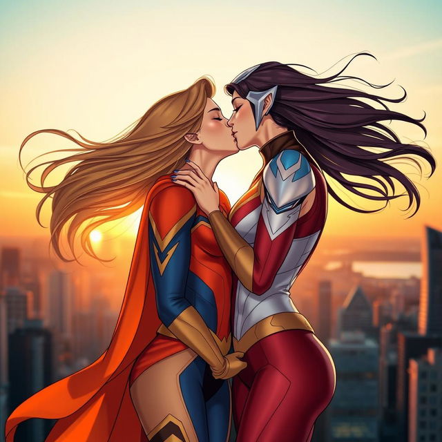 A heartwarming scene featuring two beautiful superheroines sharing a passionate kiss, surrounded by a stunning city skyline at sunset