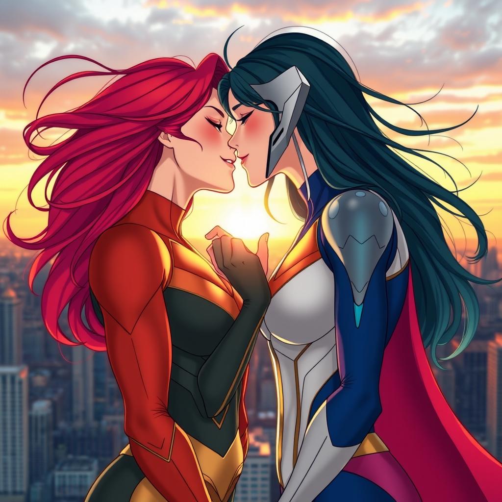 A heartwarming scene featuring two beautiful superheroines sharing a passionate kiss, surrounded by a stunning city skyline at sunset