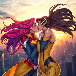 A heartwarming scene featuring two beautiful superheroines sharing a passionate kiss, surrounded by a stunning city skyline at sunset