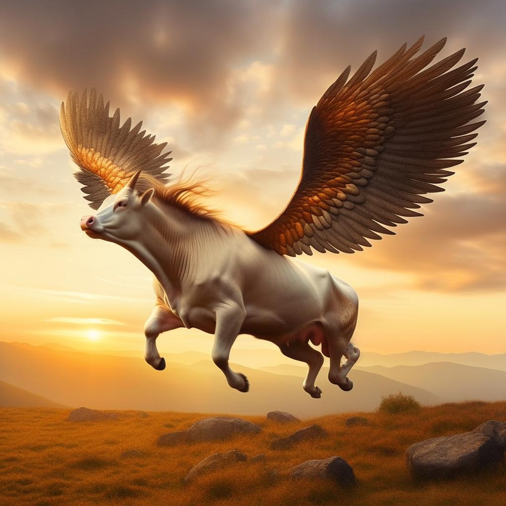 The healthy cow, now bestowed with majestic wings like a Bovine Pegasus, is leaping majestically over a radiant sun against a picturesque clear sky.