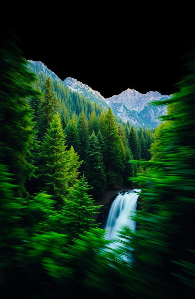 A scenic view of the Pacific Northwest featuring lush green forests and rugged mountains in the background set against a dramatic black background