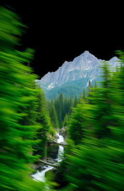 A scenic view of the Pacific Northwest featuring lush green forests and rugged mountains in the background set against a dramatic black background