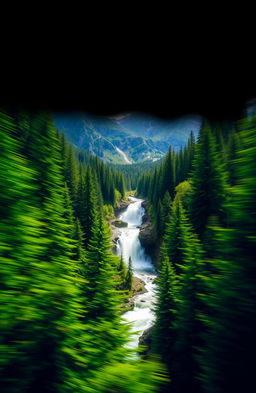 A scenic view of the Pacific Northwest featuring lush green forests and rugged mountains in the background set against a dramatic black background