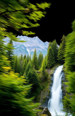 A scenic view of the Pacific Northwest featuring lush green forests and rugged mountains in the background set against a dramatic black background