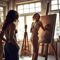 A captivating scene featuring an artist painting a nude model in a sun-drenched studio, the model exuding confidence and elegance, soft natural light filtering through large windows, highlighting the curves and contours of the body with artistic grace