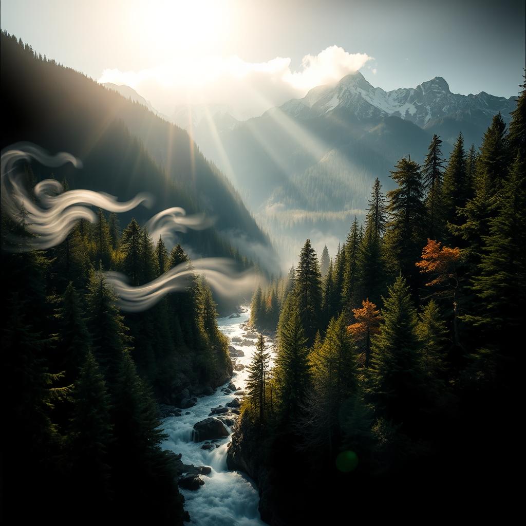 A dynamic representation of the Pacific Northwest, showcasing the natural beauty of its dense forests and towering mountains, all set against a striking black background