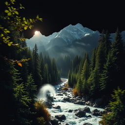 A dynamic representation of the Pacific Northwest, showcasing the natural beauty of its dense forests and towering mountains, all set against a striking black background