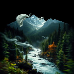 A dynamic representation of the Pacific Northwest, showcasing the natural beauty of its dense forests and towering mountains, all set against a striking black background