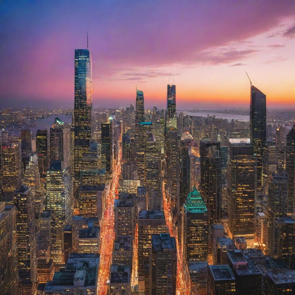 A vibrant cityscape at sunset with towering skyscrapers, twinkling city lights, bustling streets and a vivid, colorful sky