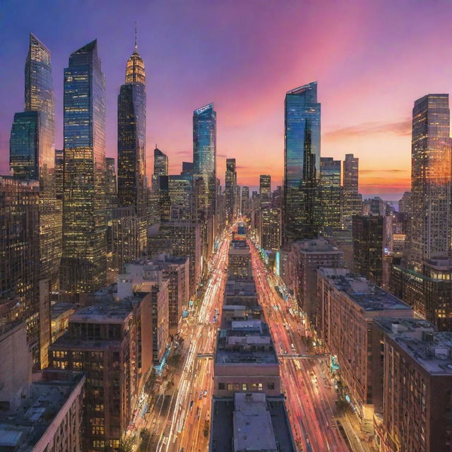 A vibrant cityscape at sunset with towering skyscrapers, twinkling city lights, bustling streets and a vivid, colorful sky