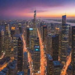 A vibrant cityscape at sunset with towering skyscrapers, twinkling city lights, bustling streets and a vivid, colorful sky