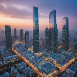 The vibrant cityscape at sunset modified with a futuristic, high-tech looking laboratory complex nestled among the towering skyscrapers