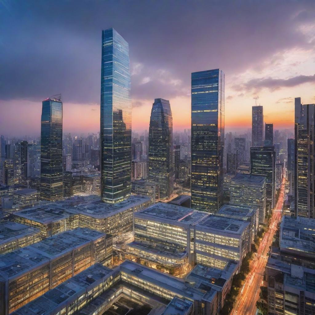 The vibrant cityscape at sunset modified with a futuristic, high-tech looking laboratory complex nestled among the towering skyscrapers