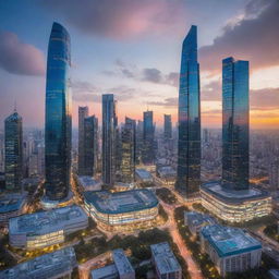 The vibrant cityscape at sunset modified with a futuristic, high-tech looking laboratory complex nestled among the towering skyscrapers