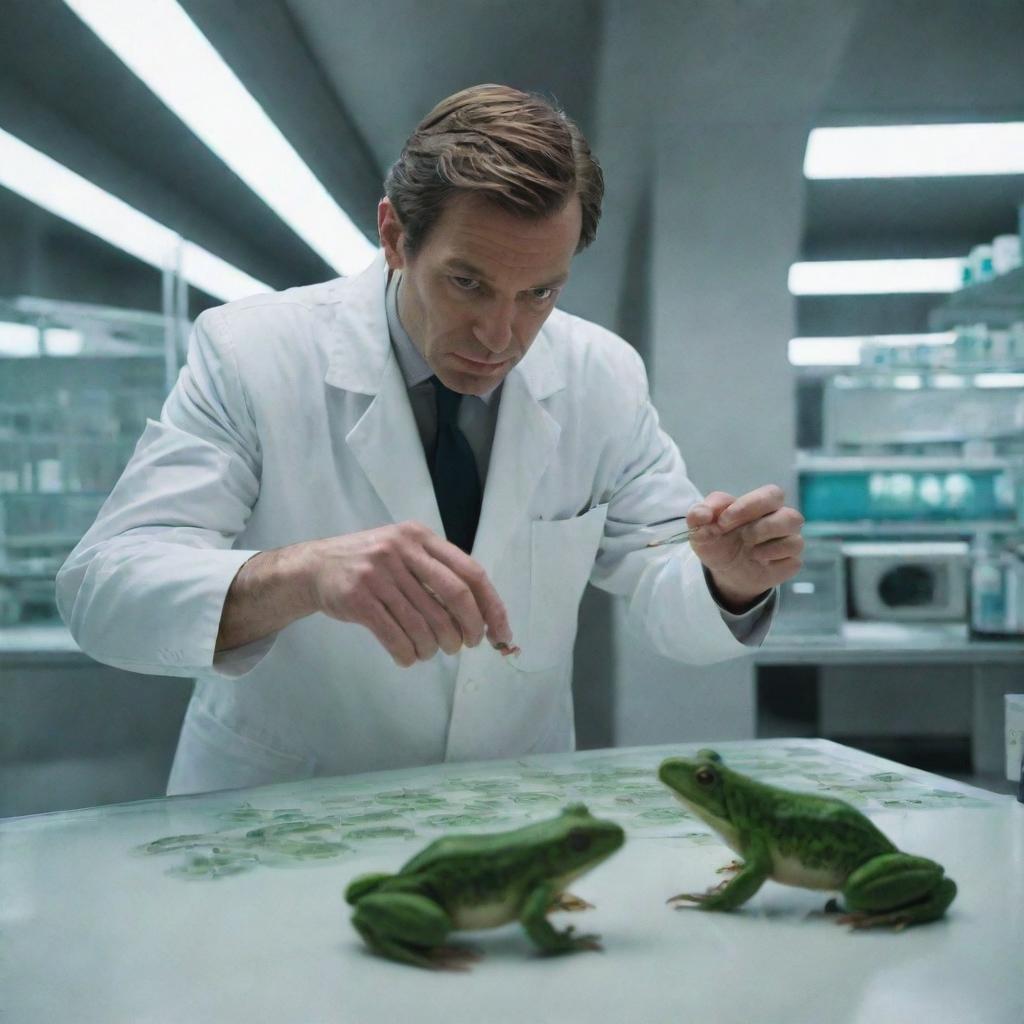 In the futuristic laboratory complex, an intense scene unfolds as a scientist injects frog DNA into a man, under an aura of suspense and intrigue