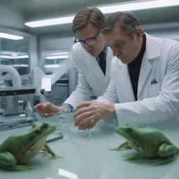 In the futuristic laboratory complex, an intense scene unfolds as a scientist injects frog DNA into a man, under an aura of suspense and intrigue