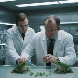 In the futuristic laboratory complex, an intense scene unfolds as a scientist injects frog DNA into a man, under an aura of suspense and intrigue