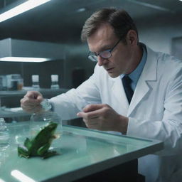 In the futuristic laboratory complex, an intense scene unfolds as a scientist injects frog DNA into a man, under an aura of suspense and intrigue