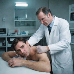 Revise the image to display an intense scene where a scientist, holding a syringe, injects a tied-down man with a mysterious substance in the high-tech city laboratory