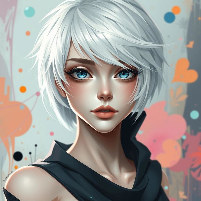 A surreal fantasy character with white short hair and striking blue eyes, depicted in a creative and abstract artistic style