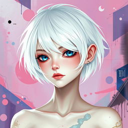 A surreal fantasy character with white short hair and striking blue eyes, depicted in a creative and abstract artistic style