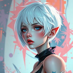 A surreal fantasy character with white short hair and striking blue eyes, depicted in a creative and abstract artistic style
