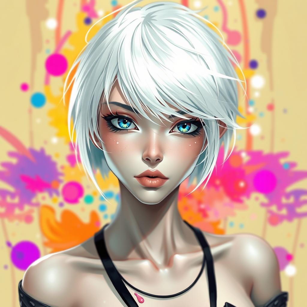 A surreal fantasy character with white short hair and striking blue eyes, depicted in a creative and abstract artistic style