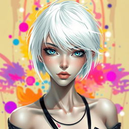 A surreal fantasy character with white short hair and striking blue eyes, depicted in a creative and abstract artistic style