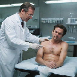 Revise the image to display an intense scene where a scientist, holding a syringe, injects a tied-down man with a mysterious substance in the high-tech city laboratory