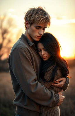 A romantic scene depicting a handsome blonde man gently holding a sad dark-haired girl in an intimate embrace